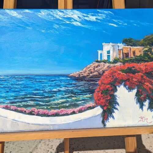Peinture vue sur mer d'un balcon