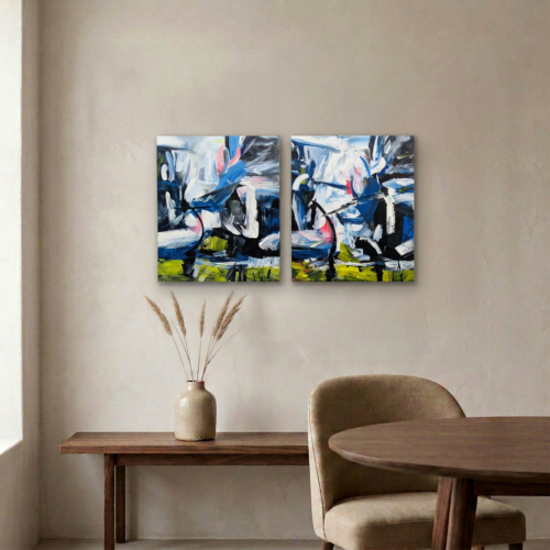 Duo Tableau Abstrait Peint 60/50cmX2-H46