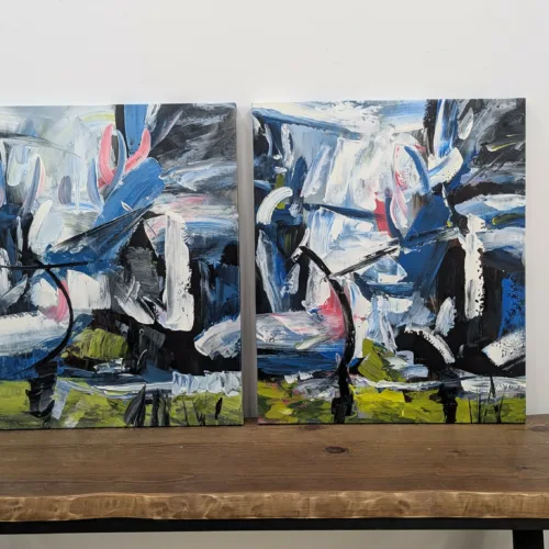 Duo Tableau Abstrait Peint 60/50cmX2-H46