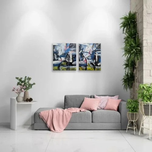 Duo Tableau Abstrait Peint 60/50cmX2-H46